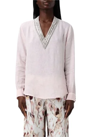 120% Lino Bluzki, Kobieta, Różowy, L, Blush V-Neck Embellished Top