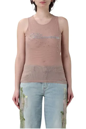 BLUMARINE Koszulki, Kobieta, Różowy, M, Różowy Top z Kryształkami Mesh