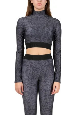 Roberto Cavalli Koszulki, Kobieta, Szary, XS, Koszulka Crop z nadrukiem z Lycry i długimi rękawami