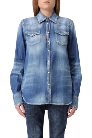 Dsquared2 Bluzki, Kobieta, Niebieski, S, Stylowa Rozdarta Koszula Dżinsowa
