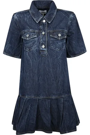Ganni Sukienki, Kobieta, Niebieski, S, Denim, Denim Crinkle Umyta Sukienka z Kołnierzem