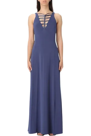 Emporio Armani Sukienki, Kobieta, Niebieski, XS, Niebieska Sukienka Maxi z Dekoltem na Sznurowanie