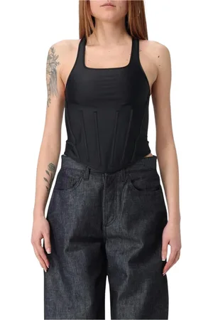 MUGLER Koszulki, Kobieta, Czarny, S, Elegancki zestaw topu i legginsów w stylu gorsetu