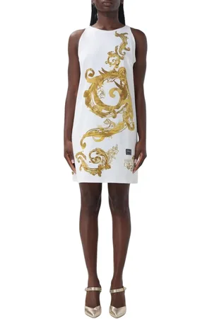 VERSACE Sukienki, Kobieta, Biały, S, Elegancka Biała Sukienka z Barokowym Nadrukiem