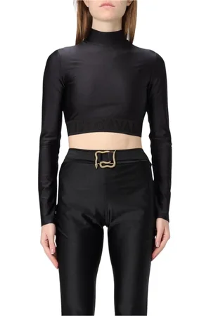 Roberto Cavalli Koszulki, Kobieta, Czarny, M, Czarny Crop Top z wysokim dekoltem