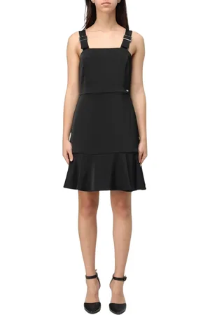 Armani Exchange Sukienki, Kobieta, Czarny, L, Czarna Mini Sukienka z Paskami na Ramiączkach