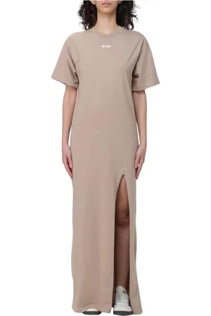 Msgm Sukienki, Kobieta, Beżowy, L, Elegancka Beżowa Sukienka z Rozcięciem