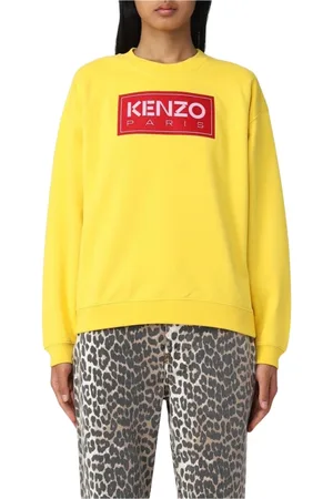 Kenzo Bluzy, Kobieta, Żółty, L, Żółty Sweter z Grafiką i Żebrowanymi Lamówkami