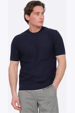Paolo Pecora Koszulki, Mężczyzna, Niebieski, L, Bawełna, Niebieski Jedwabno-Bawełniany T-shirt z Białym Wykończeniem