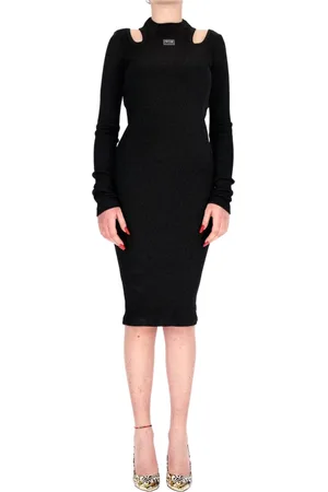 VERSACE Sukienki, Kobieta, Czarny, S, Elegancka Sukienka Midi z Długimi Rękawami