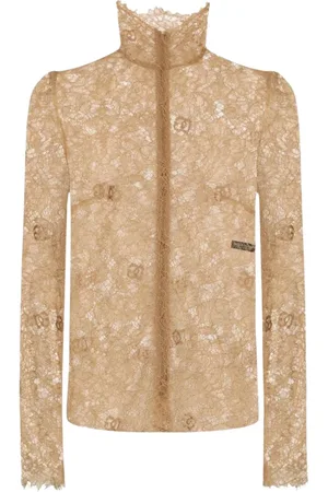 Dolce & Gabbana Bluzki, Kobieta, Żółty, S, Złota Koronkowa Bluzka z Wysokim Dekoltem