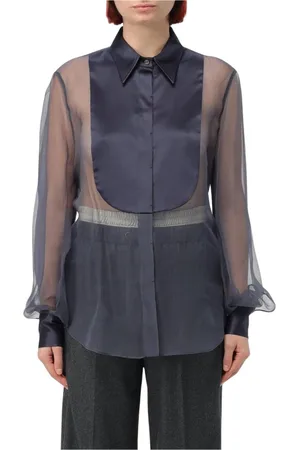 Brunello Cucinelli Bluzki, Kobieta, Niebieski, L, Szyfon, Navy Silk Chiffon Satin Blouse