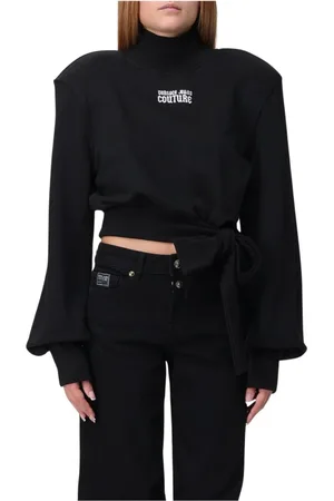 VERSACE Swetry, Kobieta, Czarny, XS, Czarny Sweter z Wiązaniem w Talii