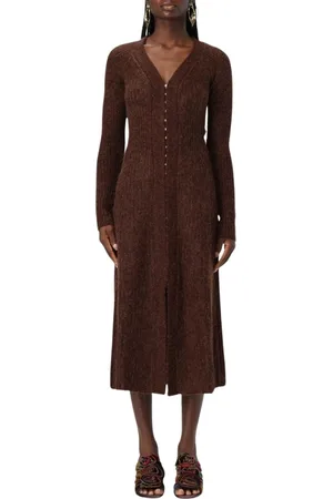 Cult Gaia Sukienki, Kobieta, brązowy, L, Nylon, Elegancka dzianinowa sukienka midi z dekoltem V