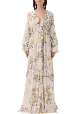 BLUMARINE Sukienki, Kobieta, Biały, M, Kwiatowa Sukienka Maxi z Falbanami