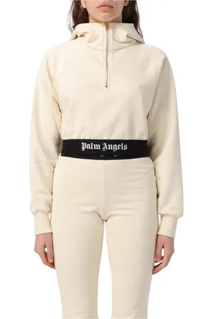 Palm Angels Bluzy, Kobieta, Biały, M, Len, Biała Bluza z Kapturem z Zameczkiem