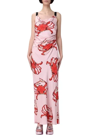 Msgm Sukienki, Kobieta, Różowy, S, Różowa Jedwabna Sukienka Maxi z Printem Kraba