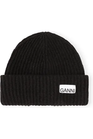 Ganni Akcesoria, Kobieta, Czarny, ONE SIZE, Wełna, Czapka Beanie z Prążkowanej Dzianiny