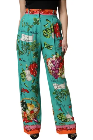Dolce & Gabbana Spodnie, Kobieta, Zielony, S, Zielone Jedwabne Spodnie z Nadrukiem Proste