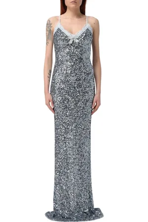 Elisabetta Franchi Sukienki, Kobieta, Niebieski, XS, Niebieska Sukienka z Cekinami Maxi