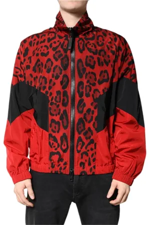 Dolce & Gabbana Kurtki, Mężczyzna, Czerwony, L, Nylon, Czerwona Kurtka Bomber z Wzorem Leoparda