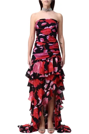 BLUMARINE Sukienki, Kobieta, Wielobarwność, S, Czarna Kwiatowa Sukienka Maxi z Falbanami