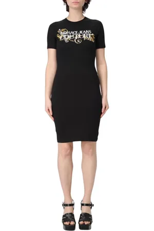 VERSACE Sukienki, Kobieta, Czarny, XS, Elegancka Czarna Sukienka z Logo na T-Shirt