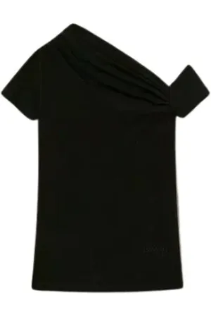 Twin-Set Koszulki, Kobieta, Czarny, S, Asymetryczny drapowany T-shirt z bawełny