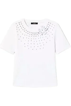 Twin-Set Koszulki, Kobieta, Biały, L, T-shirt z kryształkami i aplikacją kwiatową