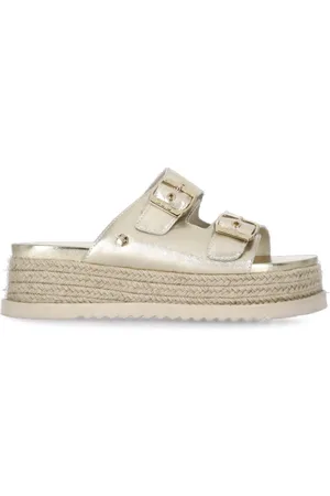 Cult Buty, Kobieta, Żółty, 36 EU, Złote skórzane sandały z detalami z rafii