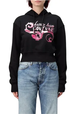 VERSACE Bluzy, Kobieta, Czarny, M, Czarny Cropped Hoodie Stylowy Wygodny