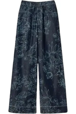 Twin-Set Spodnie, Kobieta, Niebieski, XS, Denim, Kwiatowe spodnie z szerokimi nogawkami