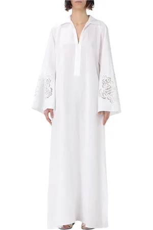 Max Mara Sukienki, Kobieta, Biały, M, Biała Sukienka Maxi z Lnu z Wycięciami Laserowymi