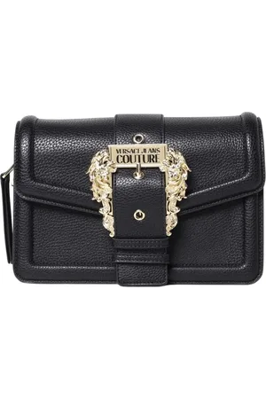 VERSACE Torebki, Kobieta, Czarny, ONE SIZE, Czarna Torba na Ramię z Ziarnistą Skórą