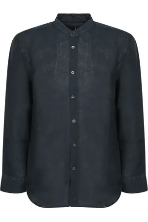 120% Lino Koszule, Mężczyzna, Niebieski, 2XL, Niebieska lniana koszula z kołnierzykiem mandarynką slim fit