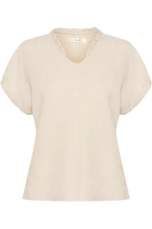 INWEAR Bluzki, Kobieta, Beżowy, L, Prosty Top z Falbaną