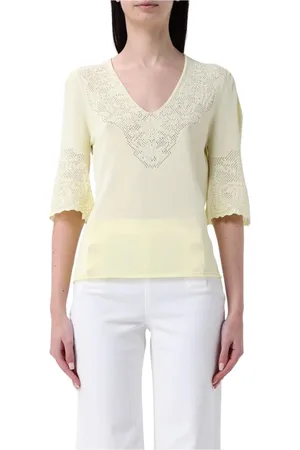 Twin-Set Bluzki, Kobieta, Żółty, S, Elegancki Top z Koronkowym Detailem