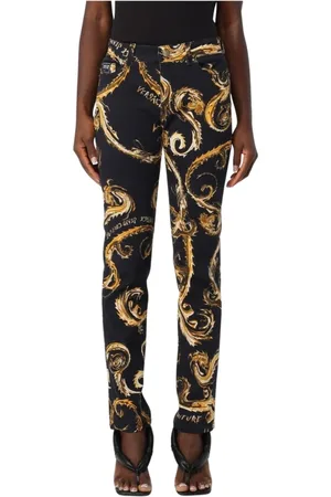 VERSACE Jeansy, Kobieta, Czarny, W32, Jeansyy Slim z barokowym nadrukiem