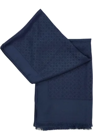 Salvatore Ferragamo Akcesoria, Kobieta, Niebieski, ONE SIZE, Wełna, Szalik z logo i frędzlami