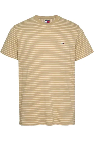 Tommy Hilfiger Koszulki, Mężczyzna, Beżowy, M, Bawełna, Koszulka w Paski z Logo z Bawełny