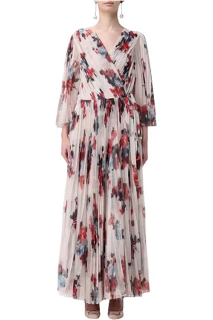 Serafini Sukienki, Kobieta, Beżowy, XS, Kwiatowa Sukienka Maxi Elegancka Beżowa