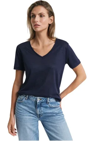 GANT Koszulki, Kobieta, Niebieski, S, T-shirt z dekoltem w serek z lnu Even