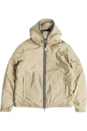 Moncler Kurtki, Mężczyzna, Beżowy, XL, Beżowa Kurtka Puchowa z Paskami