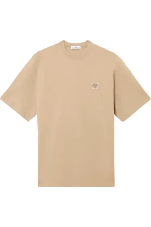 Stone Island Koszulki, Mężczyzna, Beżowy, L, Koszulka z krótkim rękawem z dzianiny z grubej przędzy z bawełny