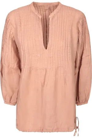 120% Lino Bluzki, Kobieta, Różowy, XL, Elegancka lniana bluzka z dekoltem V