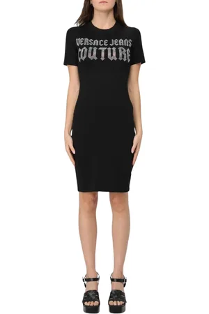 VERSACE Sukienki, Kobieta, Czarny, M, Czarna Sukienka z Logo z Kamieniami