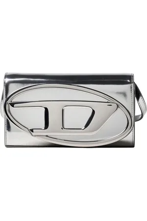 Diesel Torebki, Kobieta, Szary, ONE SIZE, Srebrna Metaliczna Kopertówka z Detalem Logo