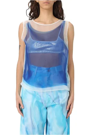 Khrisjoy Koszulki, Kobieta, Niebieski, S, Organza, Niebieski Organza Bezrękawnik Statement Top