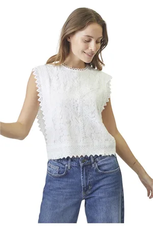Co`Couture Koszulki, Kobieta, Biały, XS, Bawełna, Koronkowy top z haftowanymi detalami