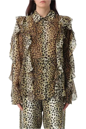 BLUMARINE Bluzki, Kobieta, Wielobarwność, XS, Leopard Print Ruffle Silk Blouse